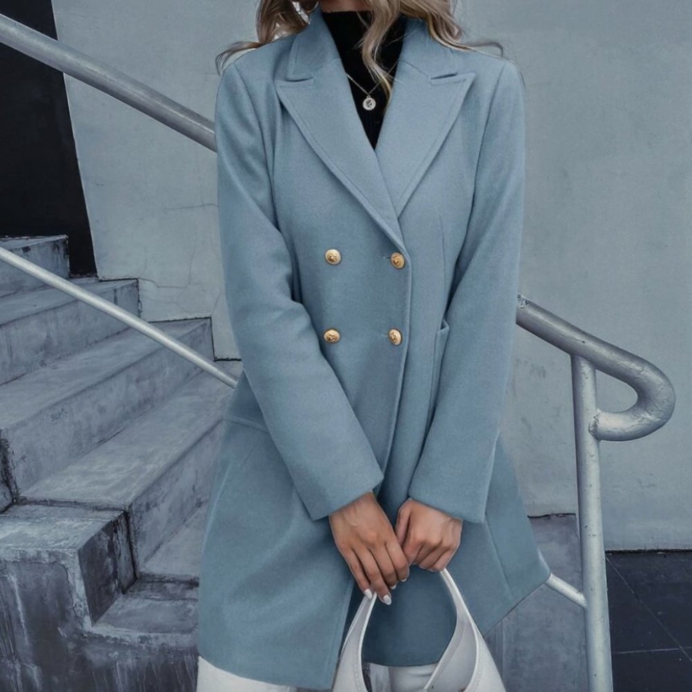 double breasted overcoat pea coat baby blue pastel long line - Picture 2 of 16